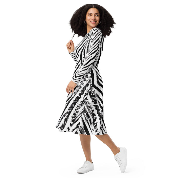 Womens Long Sleeve Midi Dress - Black White Native Print-2