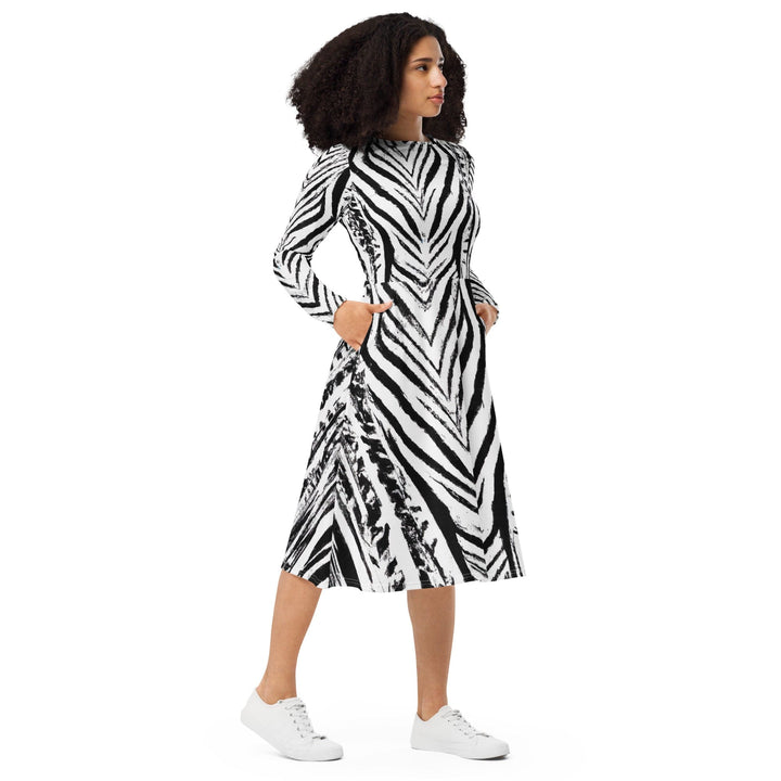 Womens Long Sleeve Midi Dress - Black White Native Print-3