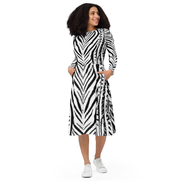 Womens Long Sleeve Midi Dress - Black White Native Print-0