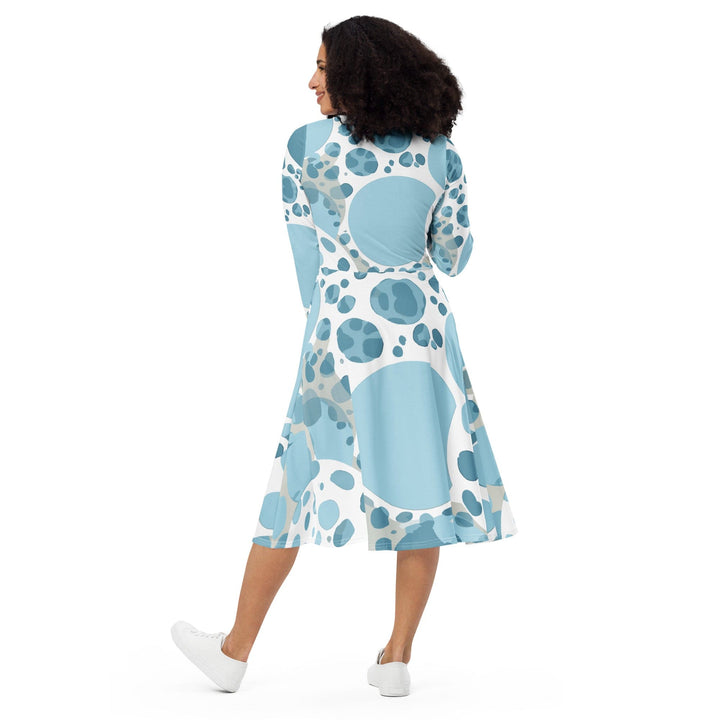 Womens Long Sleeve Midi Dress - Blue and White Circular Spotted-4