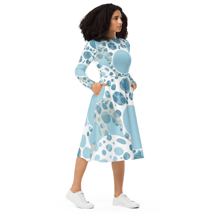 Womens Long Sleeve Midi Dress - Blue and White Circular Spotted-3