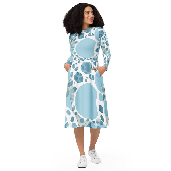 Womens Long Sleeve Midi Dress - Blue and White Circular Spotted-0