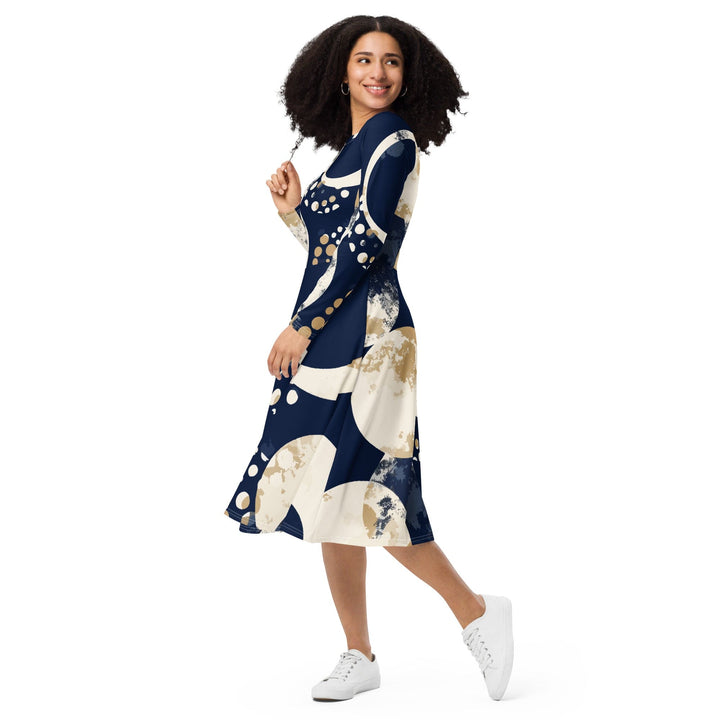 Womens Long Sleeve Midi Dress - Blue Beige Spotted Print-2