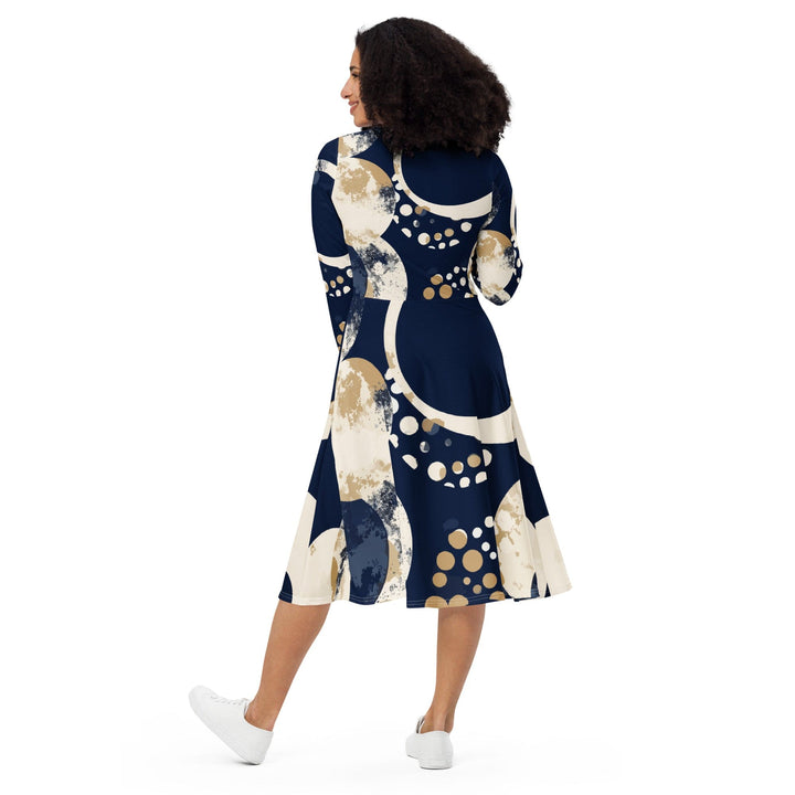 Womens Long Sleeve Midi Dress - Blue Beige Spotted Print-4