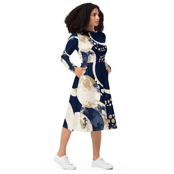 Womens Long Sleeve Midi Dress - Blue Beige Spotted Print-3