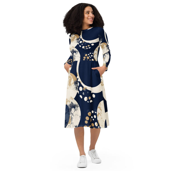 Womens Long Sleeve Midi Dress - Blue Beige Spotted Print-0
