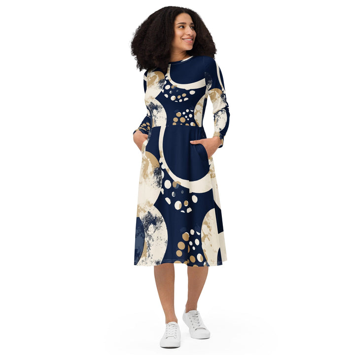 Womens Long Sleeve Midi Dress - Blue Beige Spotted Print-0