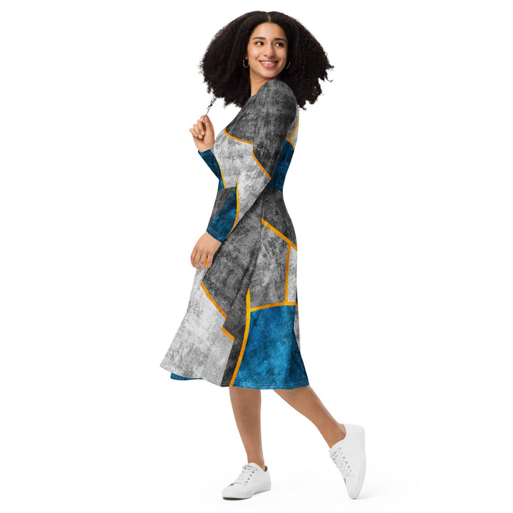 Womens Long Sleeve Midi Dress - Blue Grey Design-2