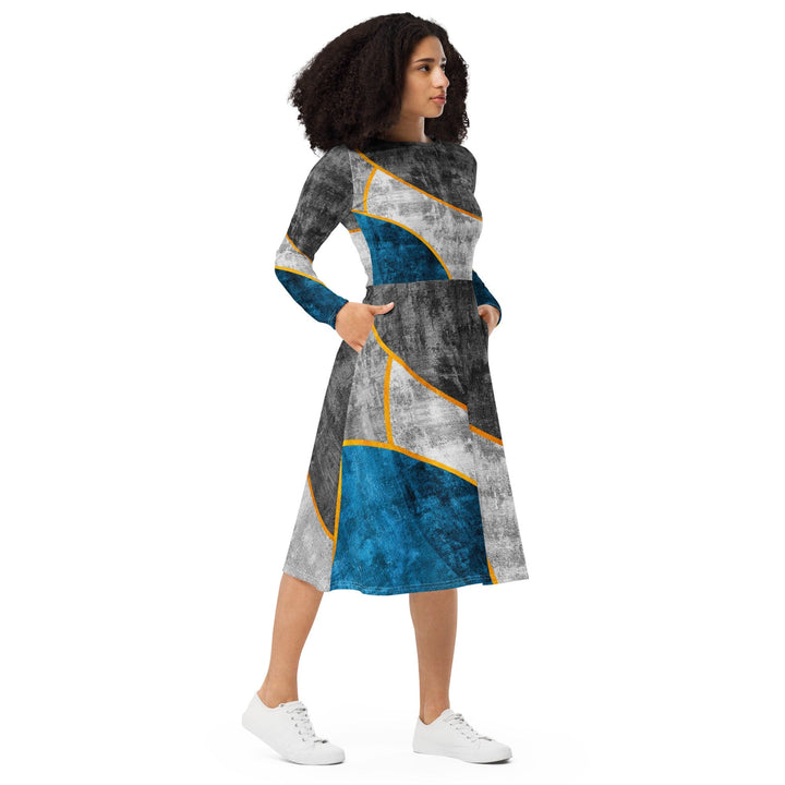 Womens Long Sleeve Midi Dress - Blue Grey Design-3