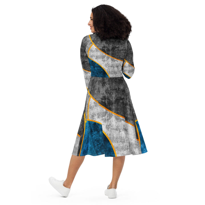Womens Long Sleeve Midi Dress - Blue Grey Design-4