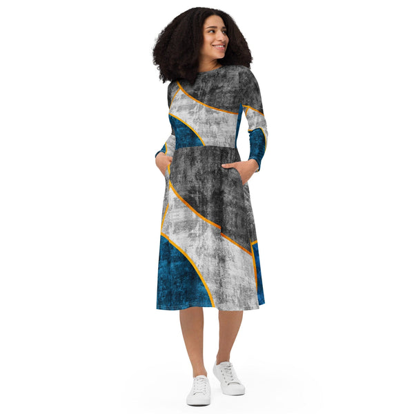 Womens Long Sleeve Midi Dress - Blue Grey Design-0