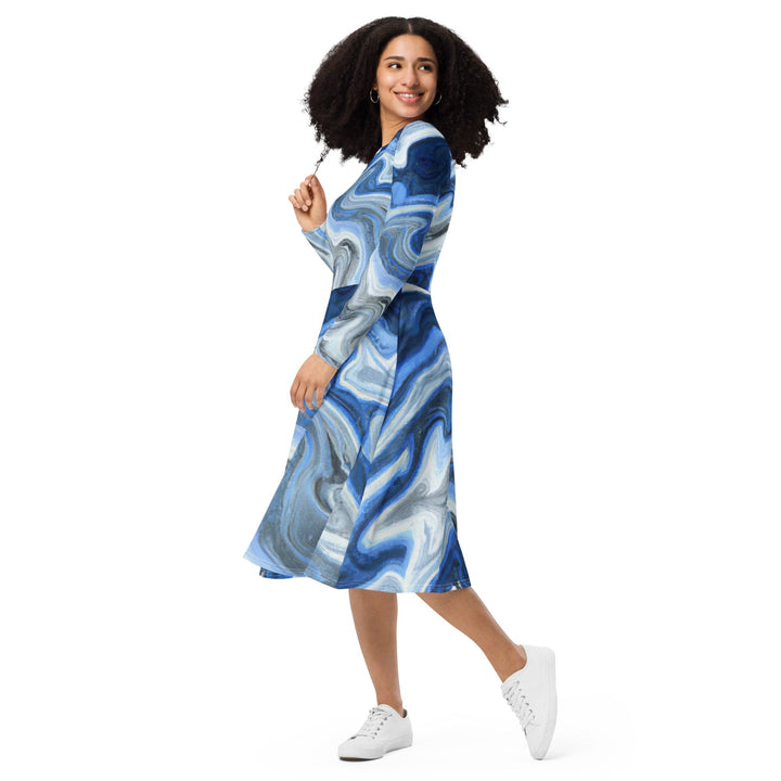 Womens Long Sleeve Midi Dress - Blue Grey Marble Print-2