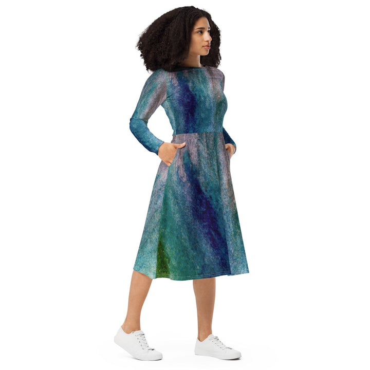 Womens Long Sleeve Midi Dress - Blue Hue Watercolor Abstract Print-3