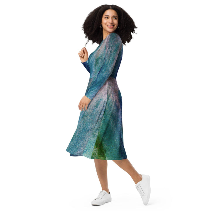Womens Long Sleeve Midi Dress - Blue Hue Watercolor Abstract Print-2