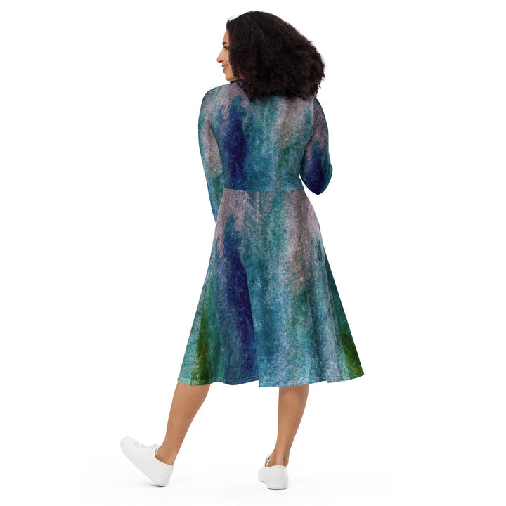 Womens Long Sleeve Midi Dress - Blue Hue Watercolor Abstract Print-4