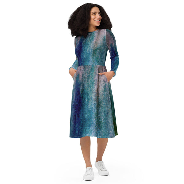 Womens Long Sleeve Midi Dress - Blue Hue Watercolor Abstract Print-0