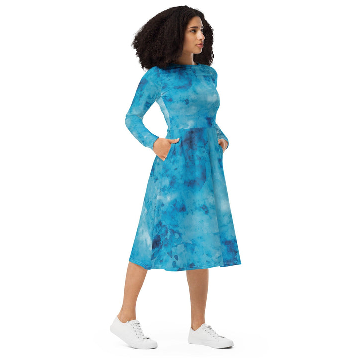 Womens Long Sleeve Midi Dress - Blue Marble Print-3