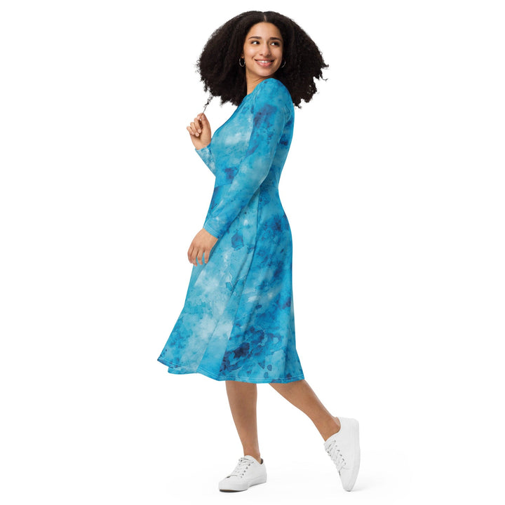Womens Long Sleeve Midi Dress - Blue Marble Print-2