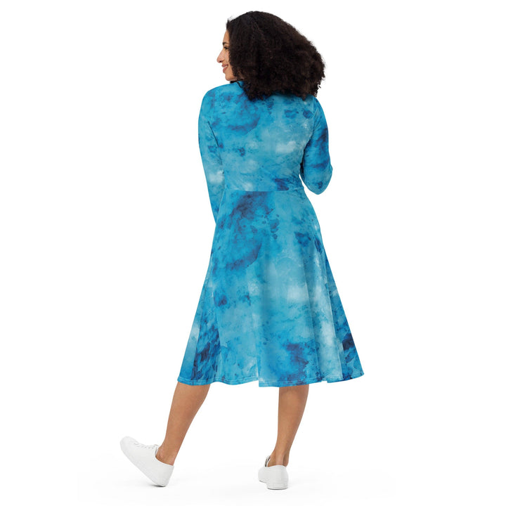 Womens Long Sleeve Midi Dress - Blue Marble Print-4