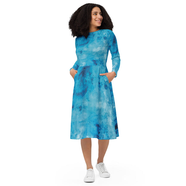 Womens Long Sleeve Midi Dress - Blue Marble Print-0