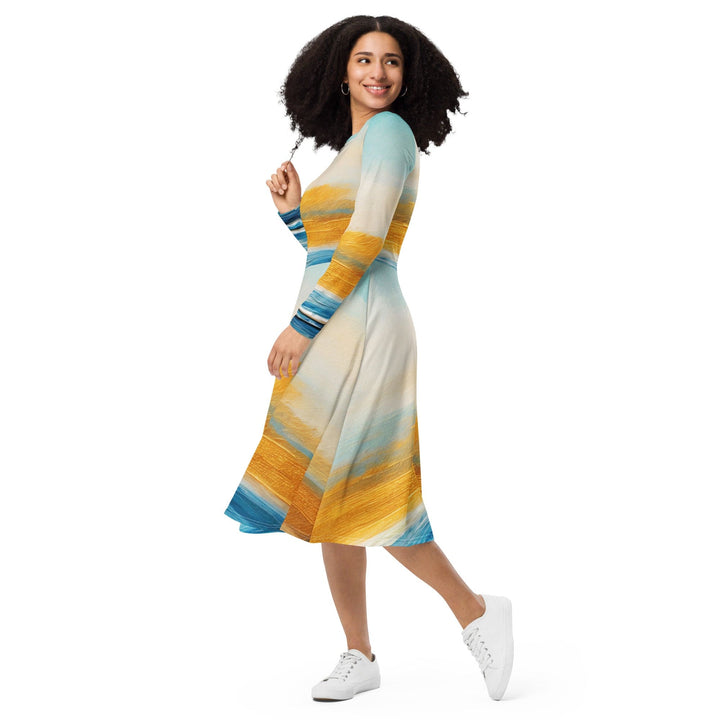 Womens Long Sleeve Midi Dress - Blue Ocean Golden Sunset Print 2-2