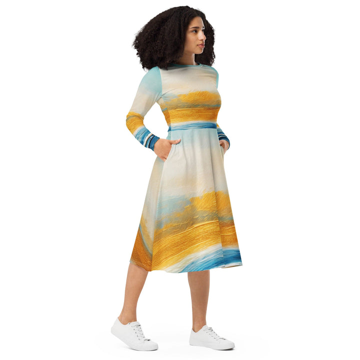 Womens Long Sleeve Midi Dress - Blue Ocean Golden Sunset Print 2-3