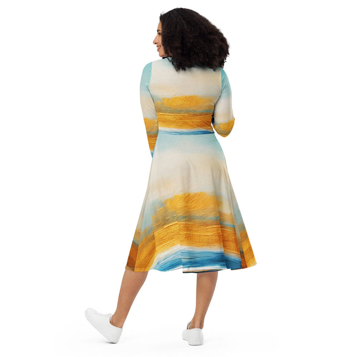 Womens Long Sleeve Midi Dress - Blue Ocean Golden Sunset Print 2-1