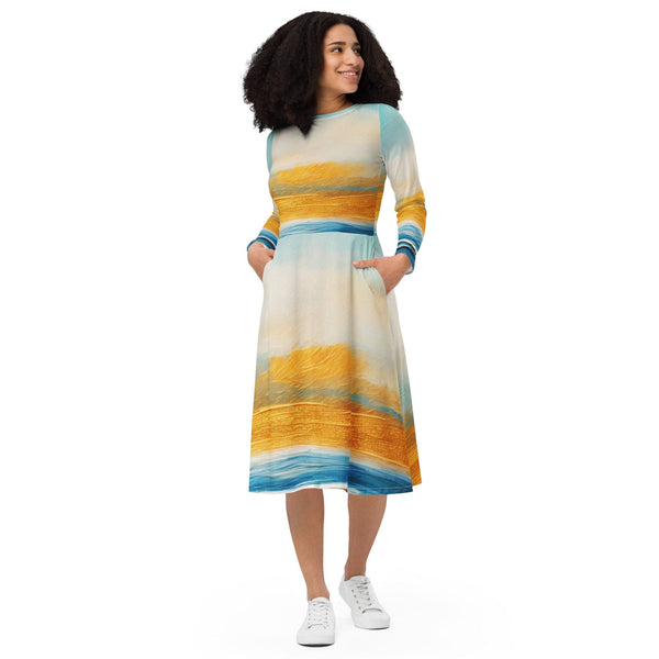 Womens Long Sleeve Midi Dress - Blue Ocean Golden Sunset Print 2-0