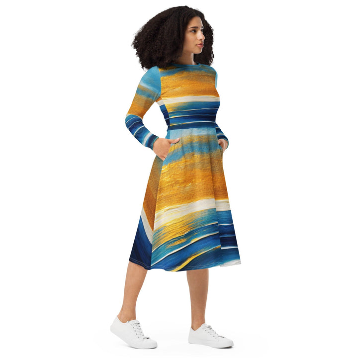 Womens Long Sleeve Midi Dress - Blue Ocean Golden Sunset Print 3-3