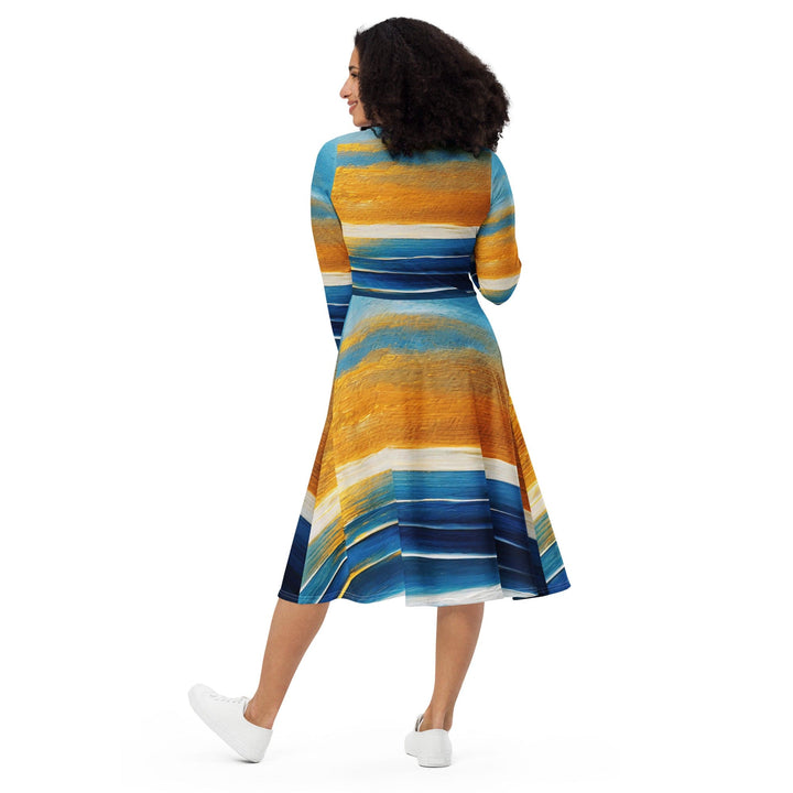 Womens Long Sleeve Midi Dress - Blue Ocean Golden Sunset Print 3-4