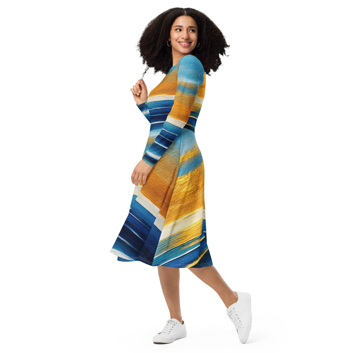 Womens Long Sleeve Midi Dress - Blue Ocean Golden Sunset Print 3-2