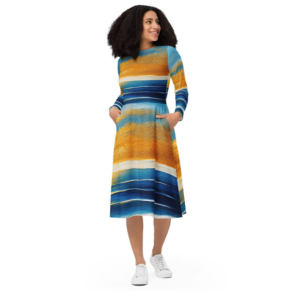 Womens Long Sleeve Midi Dress - Blue Ocean Golden Sunset Print 3-0