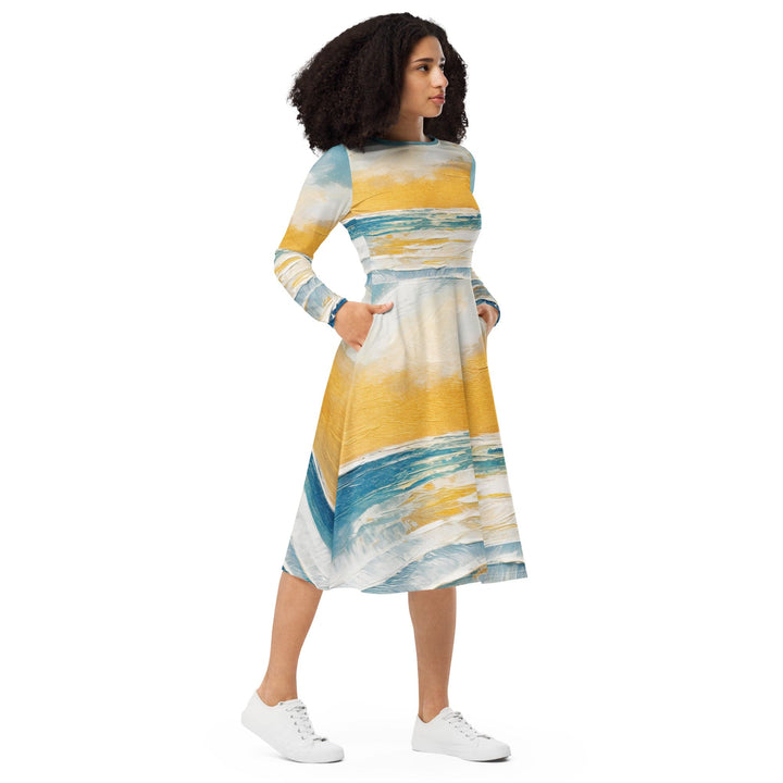 Womens Long Sleeve Midi Dress - Blue Ocean Golden Sunset Print 4-3
