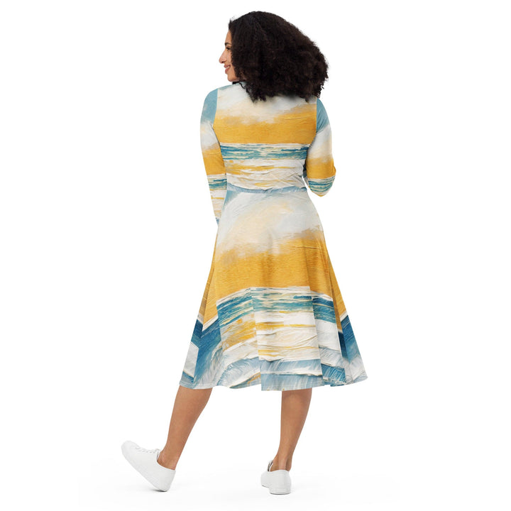 Womens Long Sleeve Midi Dress - Blue Ocean Golden Sunset Print 4-4