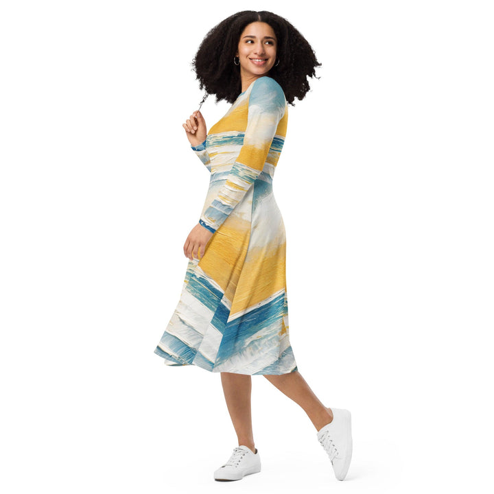 Womens Long Sleeve Midi Dress - Blue Ocean Golden Sunset Print 4-2