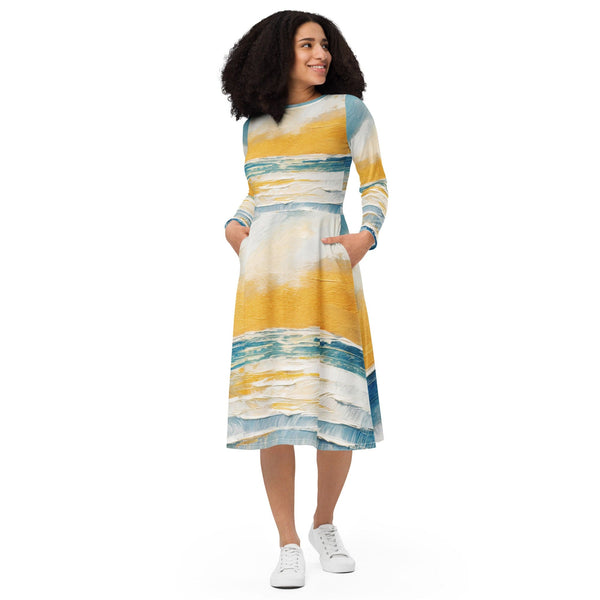 Womens Long Sleeve Midi Dress - Blue Ocean Golden Sunset Print 4-0