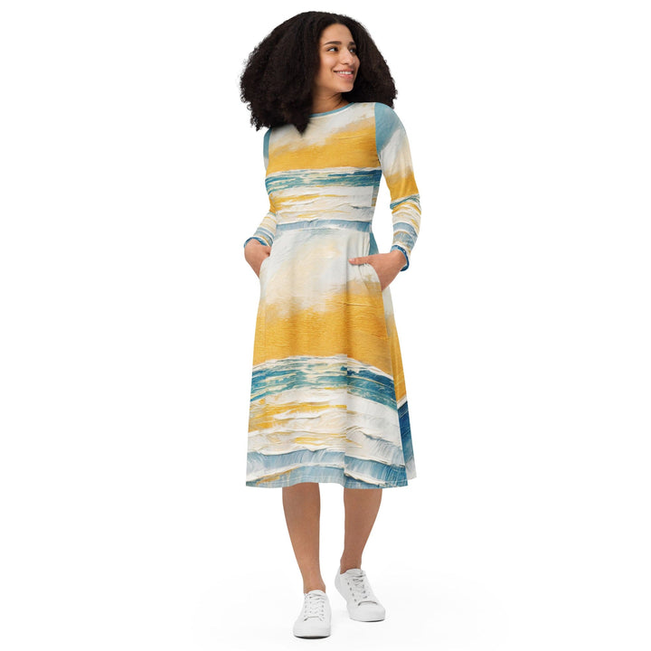 Womens Long Sleeve Midi Dress - Blue Ocean Golden Sunset Print 4-0