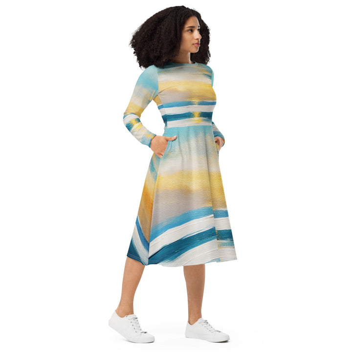 Womens Long Sleeve Midi Dress - Blue Ocean Golden Sunset Print-3