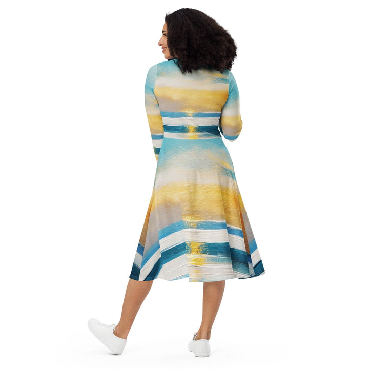 Womens Long Sleeve Midi Dress - Blue Ocean Golden Sunset Print-1