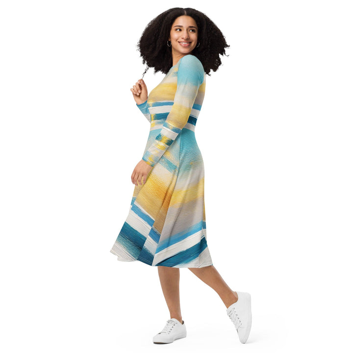 Womens Long Sleeve Midi Dress - Blue Ocean Golden Sunset Print-2
