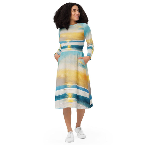 Womens Long Sleeve Midi Dress - Blue Ocean Golden Sunset Print-0