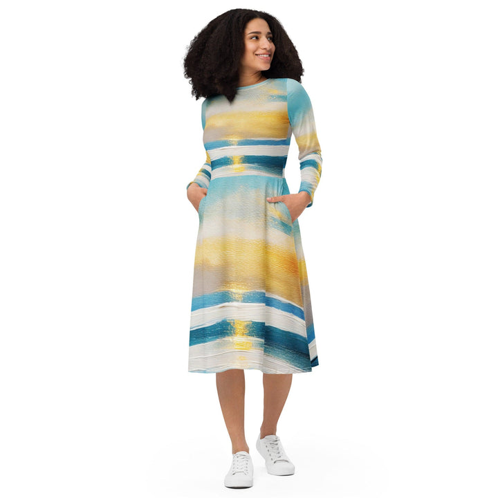 Womens Long Sleeve Midi Dress - Blue Ocean Golden Sunset Print-0