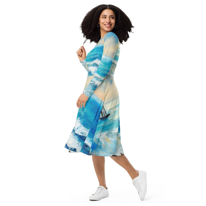 Womens Long Sleeve Midi Dress - Blue Ocean Print-2