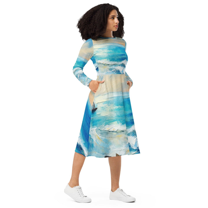 Womens Long Sleeve Midi Dress - Blue Ocean Print-3