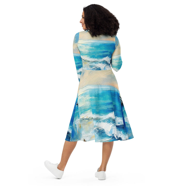Womens Long Sleeve Midi Dress - Blue Ocean Print-1