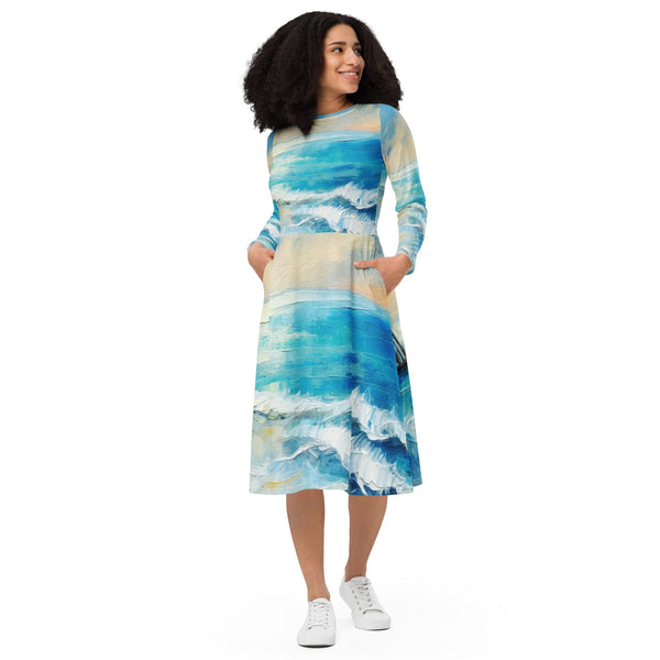 Womens Long Sleeve Midi Dress - Blue Ocean Print-0