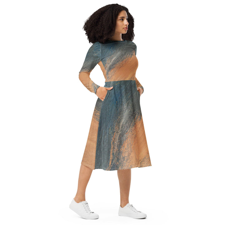 Womens Long Sleeve Midi Dress - Blue Orange Abstract Pattern-3