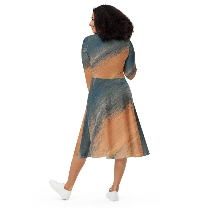Womens Long Sleeve Midi Dress - Blue Orange Abstract Pattern-4
