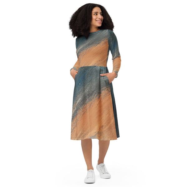 Womens Long Sleeve Midi Dress - Blue Orange Abstract Pattern-0