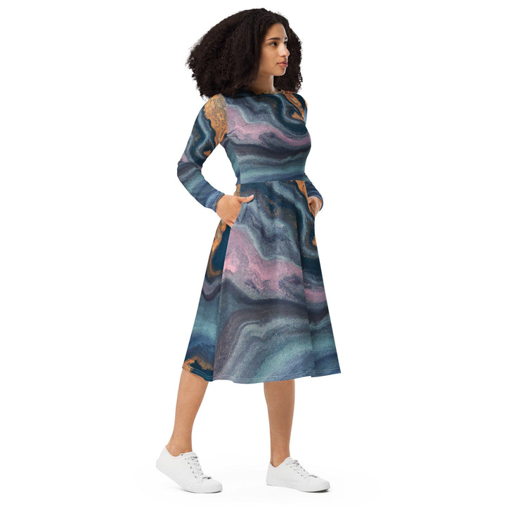 Womens Long Sleeve Midi Dress - Blue Pink Marble Swirl Print-3